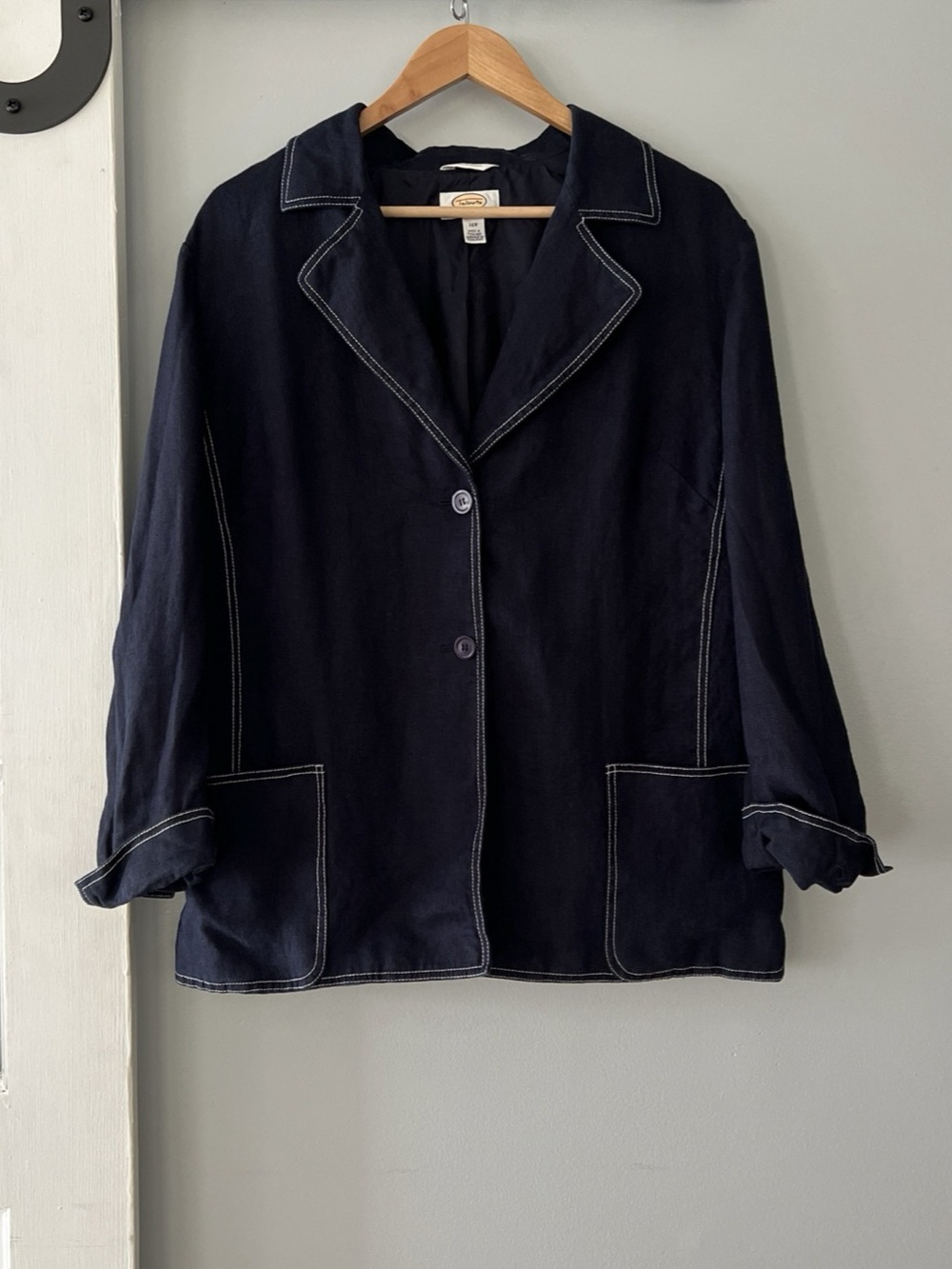 VTG Talbots Women 14W Irish Linen Blazer Jacket Blue 2 Button White Stitching